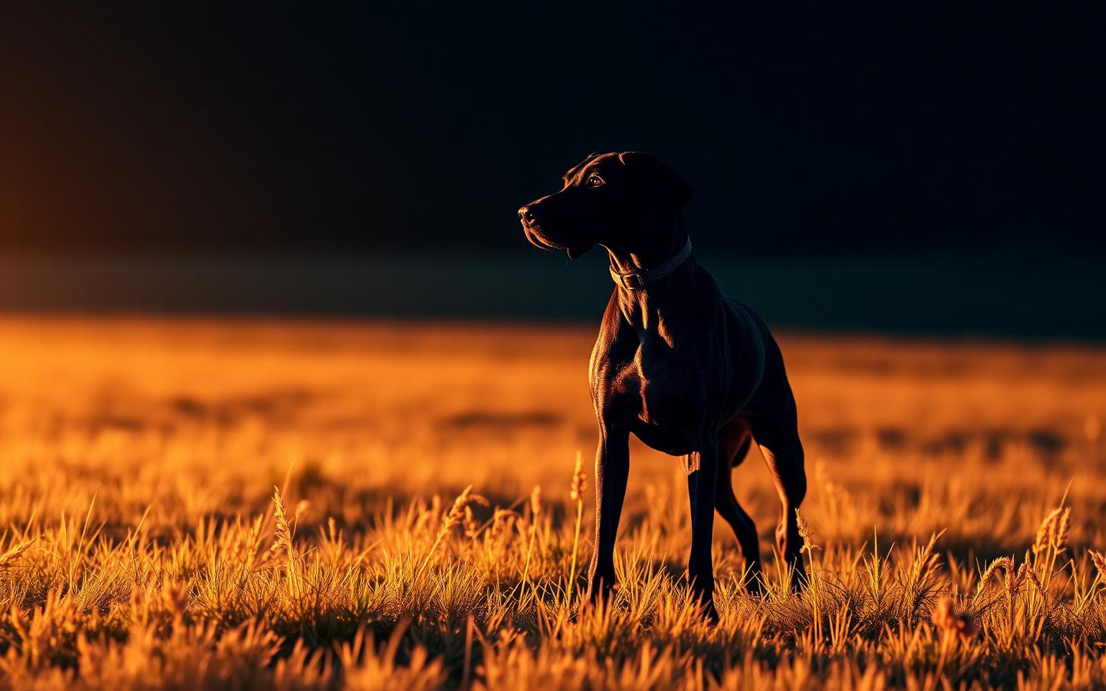 Pointer Alemán adulto en postura de muestra al atardecer, ejemplar de Braco Alemán